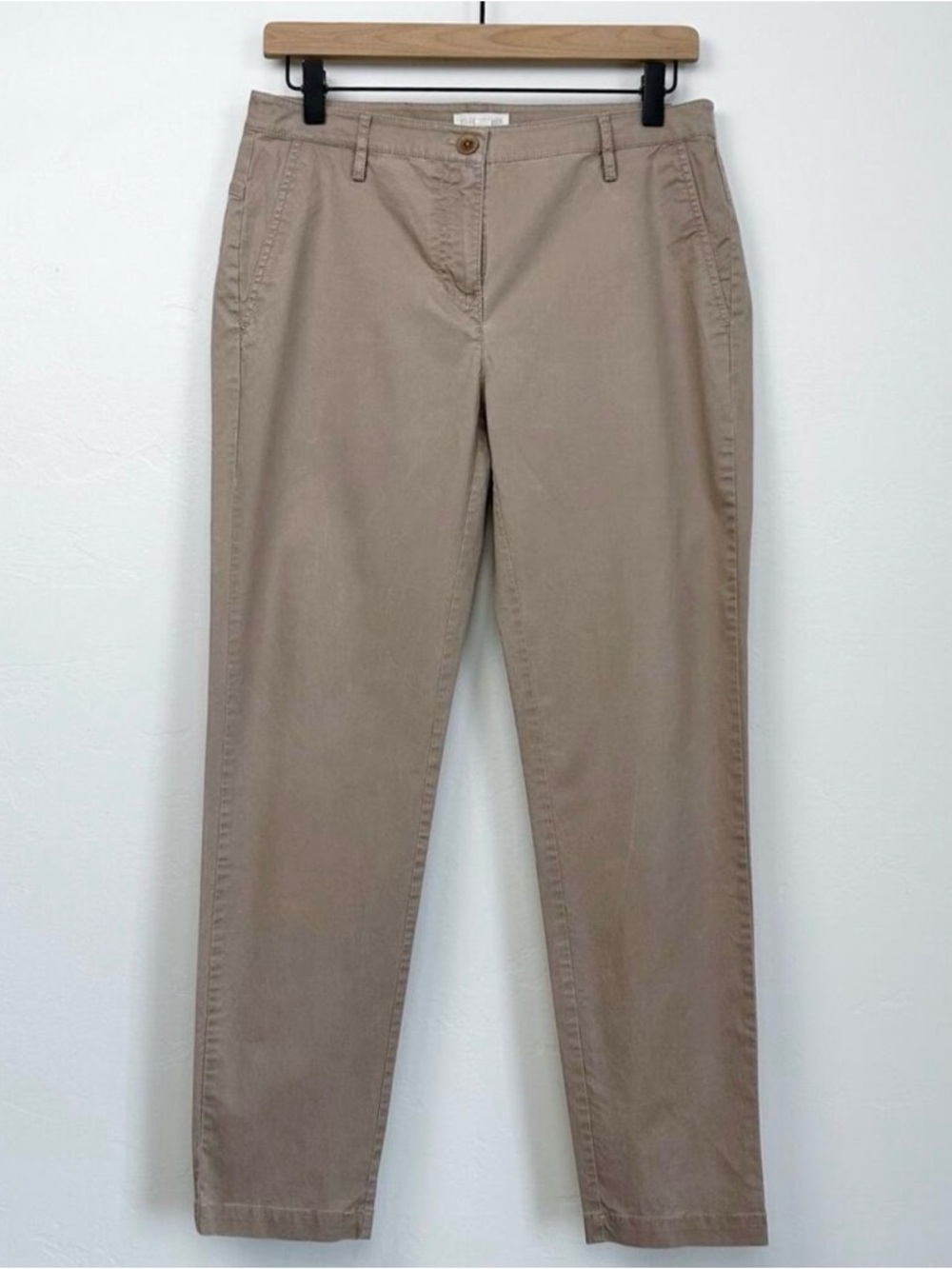 Eileen Fisher Stretch Khaki Tan Zipper-Fly Tapered Straight Leg Chino Pants XS
